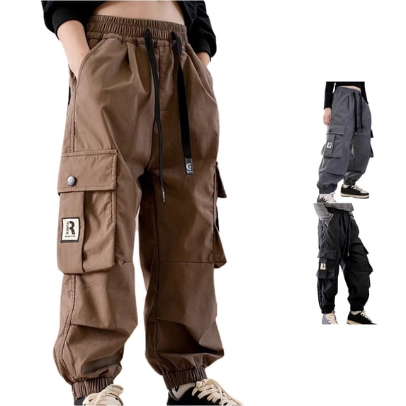 PMVFHDE Girls Casual High Waisted Loose Fit Cargo Sweatpants with Pockets for Tall Kids Coffee,7-8 Years