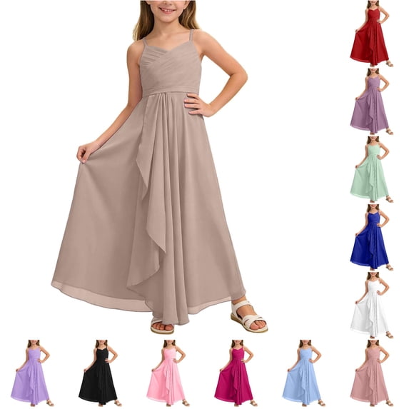 PMVFHDE Girls Chiffon Dress, Spaghetti Strap A-Line Junior Bridesmaid Gown for Toddler Little Girls, Wedding Pageant Party Dress
