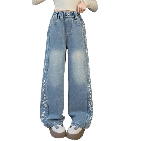 PMVFHDE Girls Fashion Denim Pants Straight Leg Casual Trousers With Cool Prints Loose Fit Wide Leg Arrivals Blue,13-14 Years