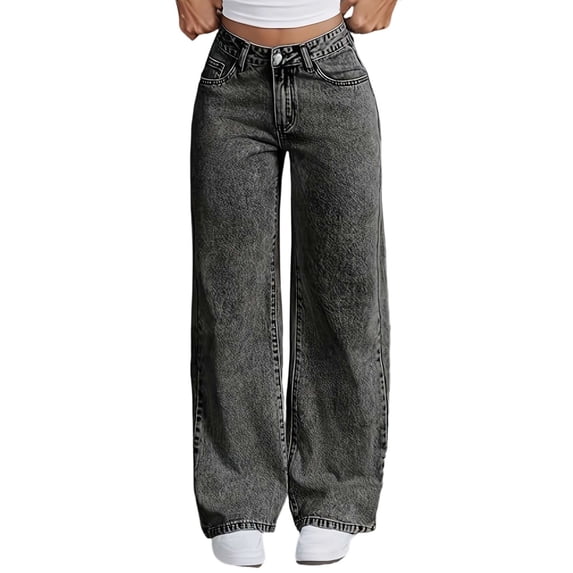 PMVFHDE Girls High Waisted Flared Denim Pants Embroidered Back Pockets Snowflake Wash Distressed Wide Leg Comfortable Stretch Jeans Casual Fashion Trousers Grey,13-14 Years
