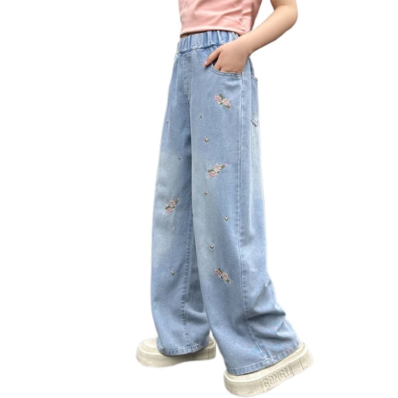 PMVFHDE Girls Pants For Daily Wear Loose Fit Straight Leg Trousers Ages 5 14 Ideal Casual Outfits Easy Care Versatile All Season Apparel Navy,12-13 Years