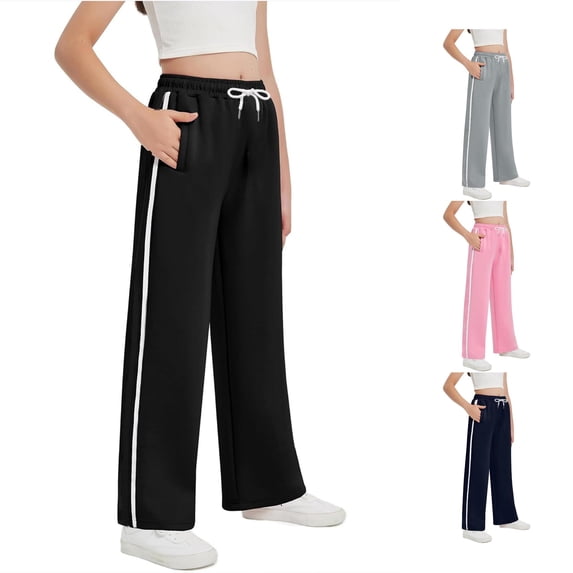 PMVFHDE Girls Sweatpants Wide Leg Loose Cargo Side Striped Casual Pants With Pockets Black,5-6 Years