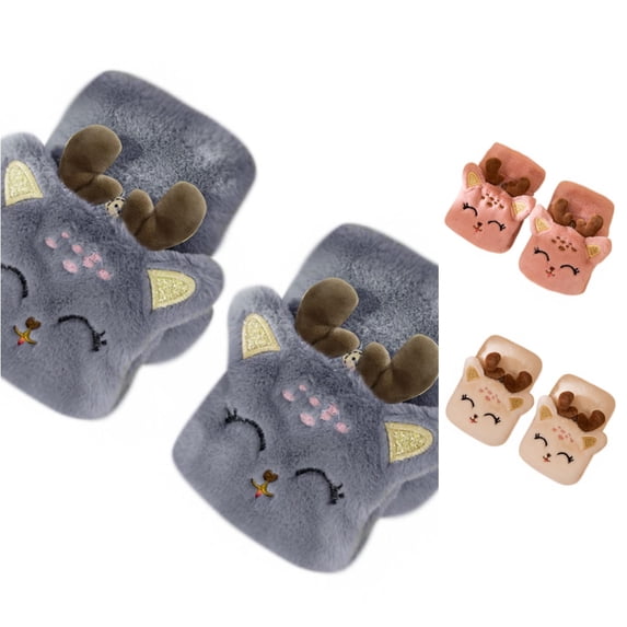 PMVFHDE Gloves & Mittens Adorable Cartoon Fawn Fingerless Half-finger Warm Thick For Women Men Grey - One Size