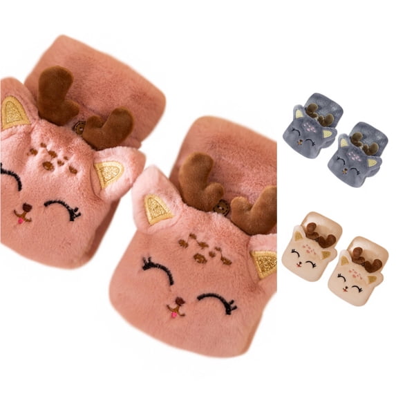 PMVFHDE Gloves & Mittens Adorable Cartoon Fawn Fingerless Half-finger Warm Thick For Women Men Pink - One Size