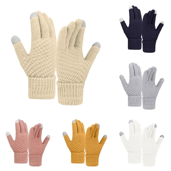 PMVFHDE Gloves & Mittens Women Winter Wool Warm Solid Knitted Cold Proof Beige - One Size