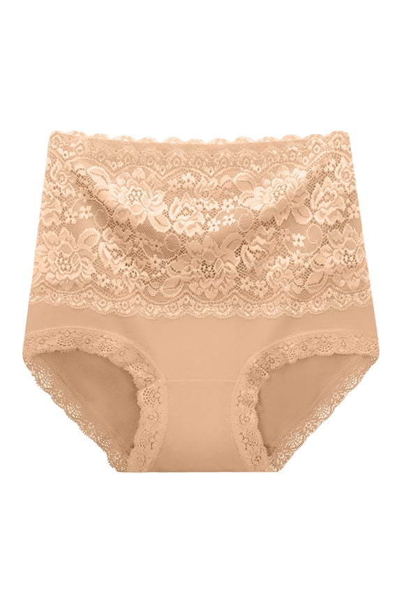 High Waist Lifting Briefs Lace Applique Cotton Double Layer Gusset Womens Underwear Beige,XXL