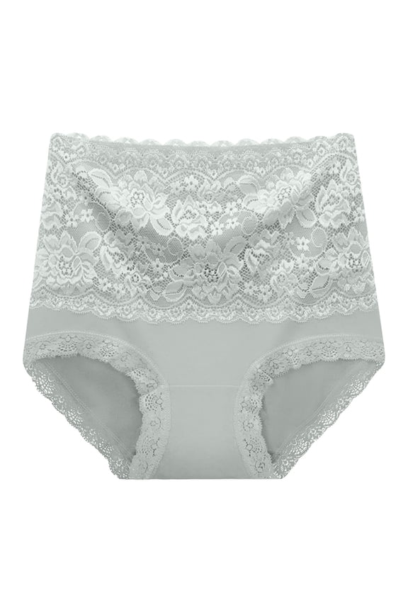 High Waist Lifting Briefs Lace Applique Cotton Double Layer Gusset Womens Underwear Grey,XXL