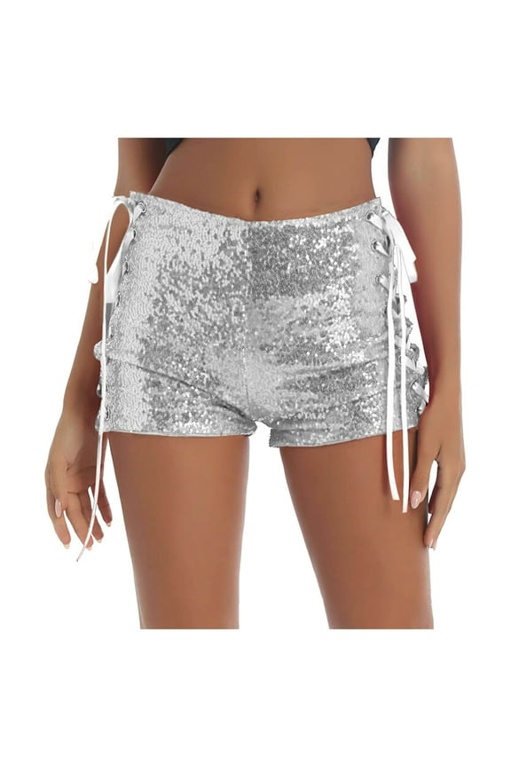 High Waist Sequin Shorts For Women Strappy Hollow Detail Sparkling Party Shorts For Women Silver,S