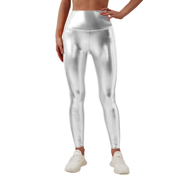 PMVFHDE High Waist Workout Leggings Gold Print Yoga Pants Running Athletic Fitness Pure Color Casual Pencil Slim Fit Silver,M