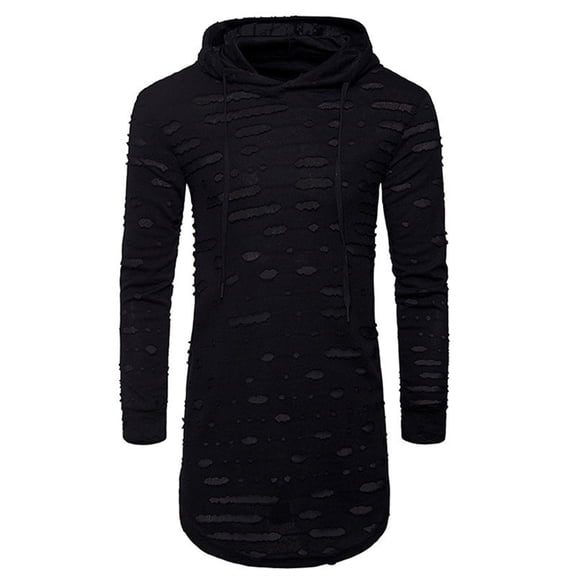 PMVFHDE Hoodies for Men 2025 Spring Autumn Casual Distressed Detail Solid Color Long Sleeve T-Shirt Style Top Black,L