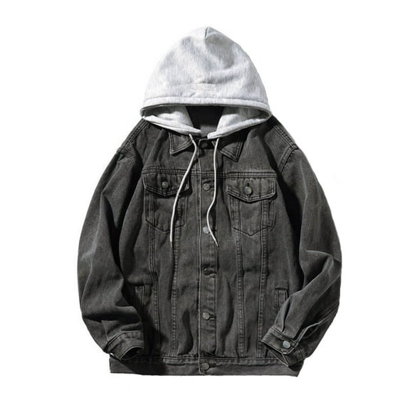 PMVFHDE Hoodies for Men 2025 Spring Autumn Denim Jacket Solid Color Fashion Loose Plus Size Hooded Jacket Grey,XL