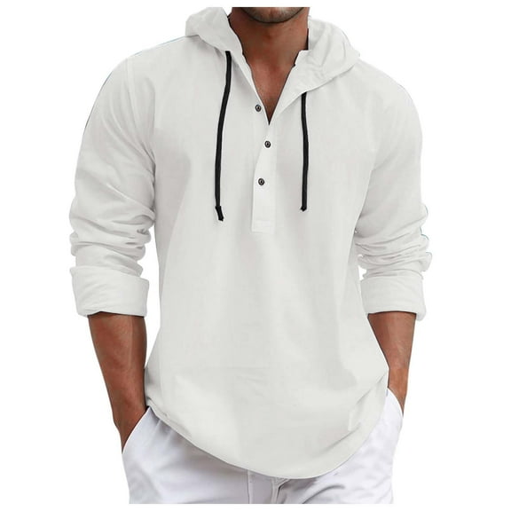 PMVFHDE Hoodies for Men Autumn Solid Color Basic Daily Casual Button Down Shirt Style Long Sleeve Hooded Top White,M