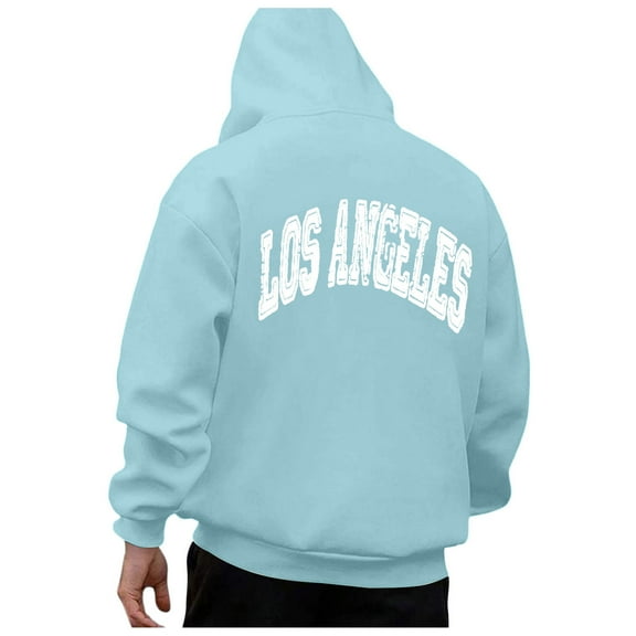 PMVFHDE Hoodies for Men Autumn Winter Back Letter Print Casual Loose Fit Plus Size Pullover Hooded Sweatshirt Sky Blue,L