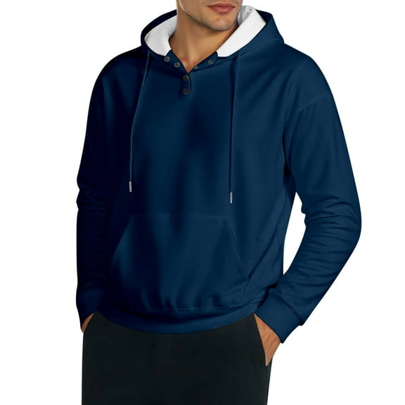 PMVFHDE Hoodies for Men Autumn Winter Button Detail Daily Casual Solid Color Pocket Warm Hooded Sweatshirt Navy,S