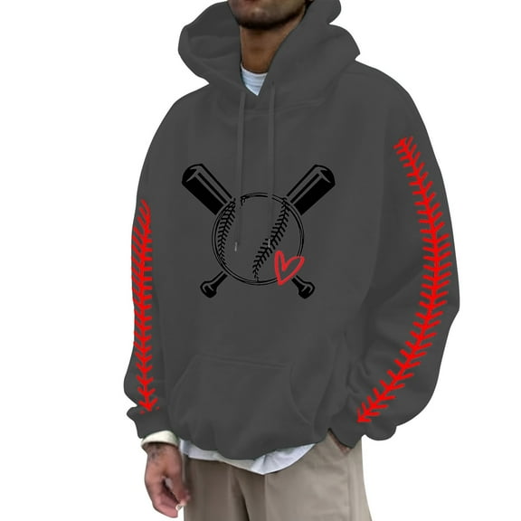 PMVFHDE Hoodies for Men Baseball Pattern Print Long Sleeve Casual Pullover with Large Pocket Dark Gray,S