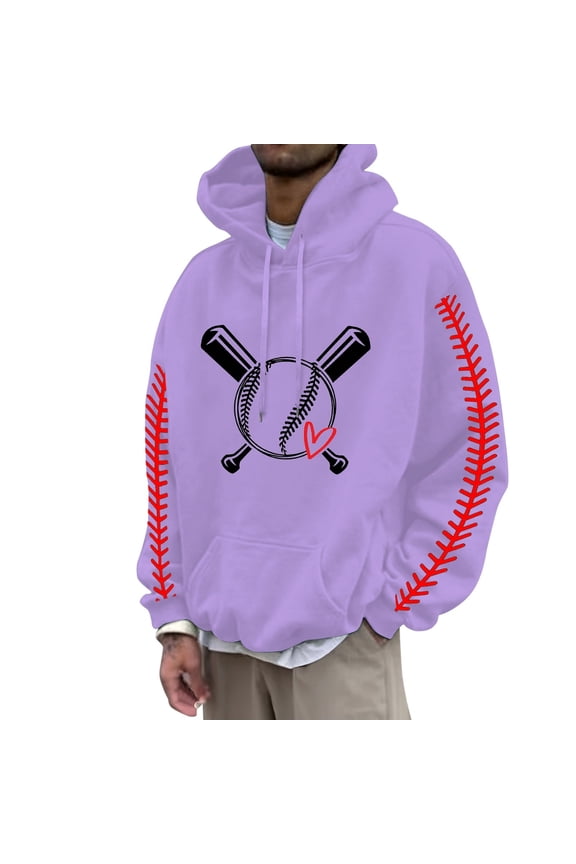 Hoodies for Men Baseball Pattern Print Long Sleeve Casual Pullover with Large Pocket Purple,S