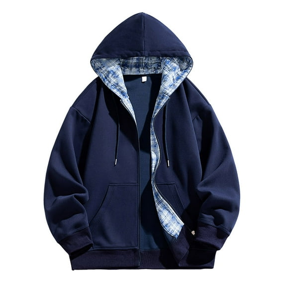 PMVFHDE Hoodies for Men Casual Fashion Winter Loose Fit Versatile Full Zip Pocket Plaid Color Block Hoodie Navy,L