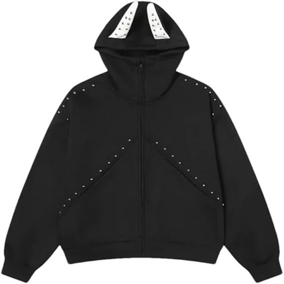 PMVFHDE Hoodies for Men Classic Style Ear Detail Hooded Sports Shirt Autumn Loose Studded Trim Cardigan Black,XXL