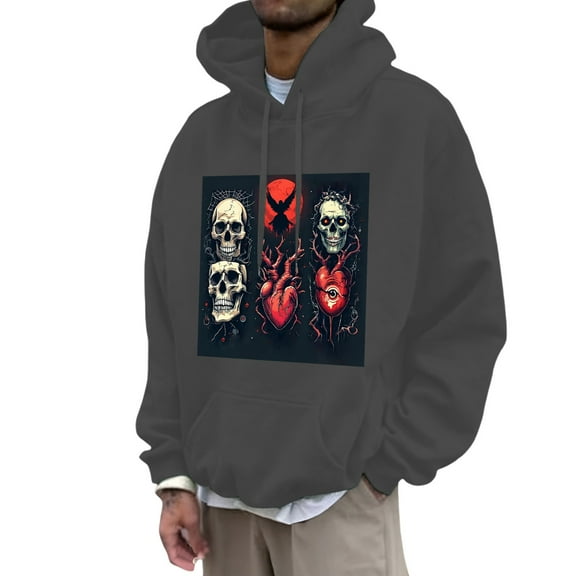 PMVFHDE Hoodies for Men Halloween Themed Print Solid Color Fashion Daily Casual Pullover Hooded Sweatshirt Top Dark Gray,XXXL