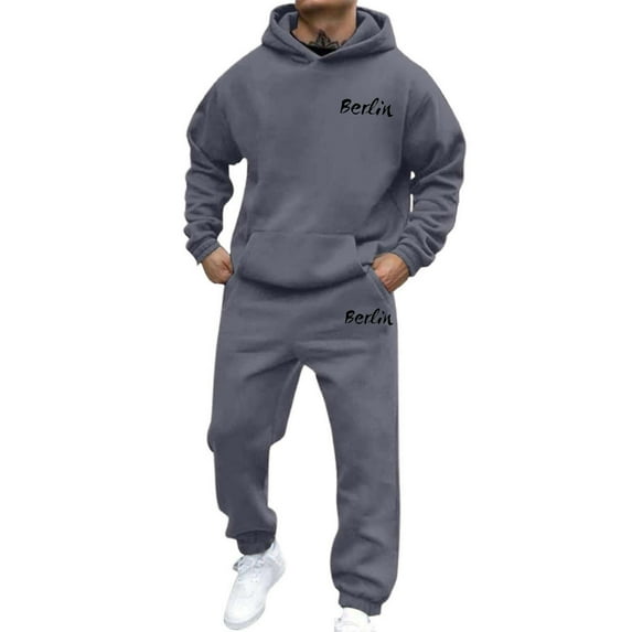 PMVFHDE Hoodies for Men Set Solid Color Hooded Sweatshirt and Pants Casual Sports Print Loose Two Piece Dark Gray,L