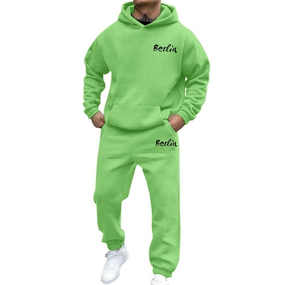 PMVFHDE Hoodies for Men Set Solid Color Hooded Sweatshirt and Pants Casual Sports Print Loose Two Piece Green,XXXXL