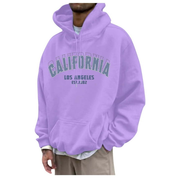 PMVFHDE Hoodies for Men Solid Color Daily Casual Loose Fashion Letter Print Pocket Pullover Hooded Sweatshirt Top Purple,S