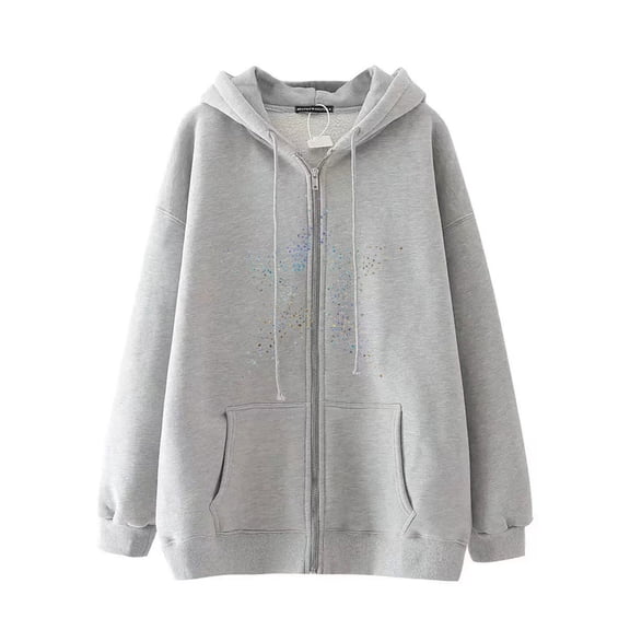 PMVFHDE Hoodies for Men Unisex Autumn Winter Fashion Solid Color Star Pattern Full Zip Hooded Sweatshirt Jacket Grey,L