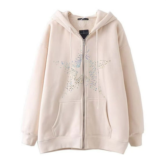 PMVFHDE Hoodies for Men Unisex Autumn Winter Fashion Solid Color Star Pattern Full Zip Hooded Sweatshirt Jacket Khaki,XXXL