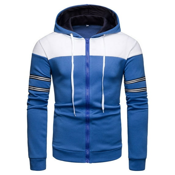 PMVFHDE Hoodies for Men Winter Color Block Heavyweight Warm Full Zip Long Sleeve Hooded Sweatshirt Jacket for Casual Wear Blue,XXL
