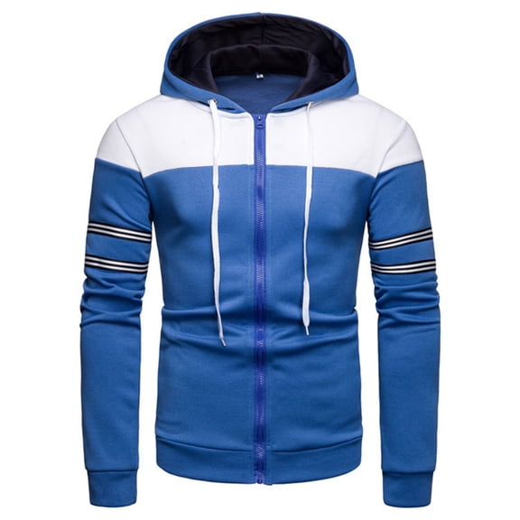 PMVFHDE Hoodies for Men Winter Color Block Heavyweight Warm Full Zip Long Sleeve Hooded Sweatshirt Jacket for Casual Wear Blue,XXL