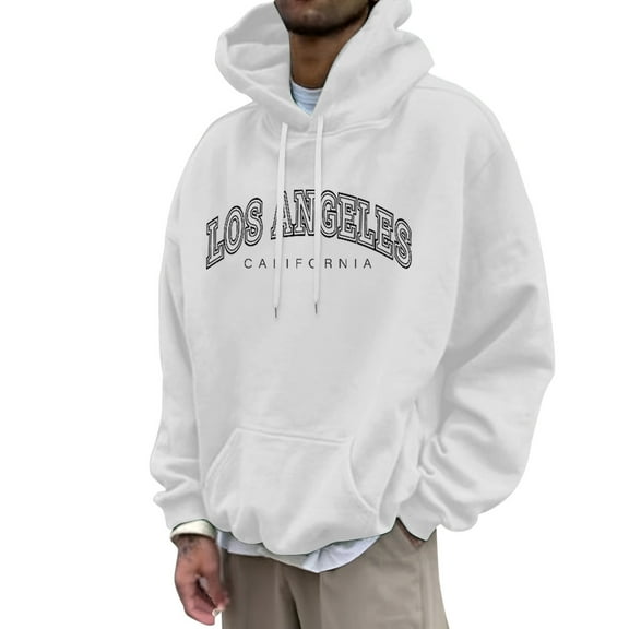 PMVFHDE Hoodies for Men Winter Daily Casual Loose Solid Color Letter Print Pullover Hooded Sweatshirt Top White,XL