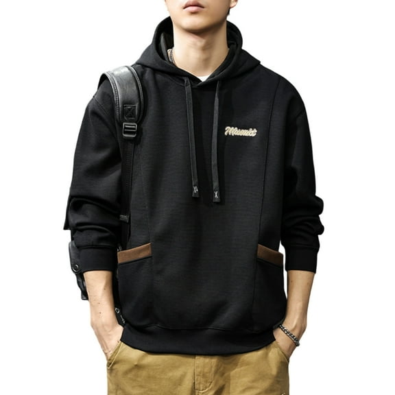 PMVFHDE Hoodies for Men Winter Fashion Long Sleeve Pocket Retro Drawstring Pullover Hooded Top Black,L