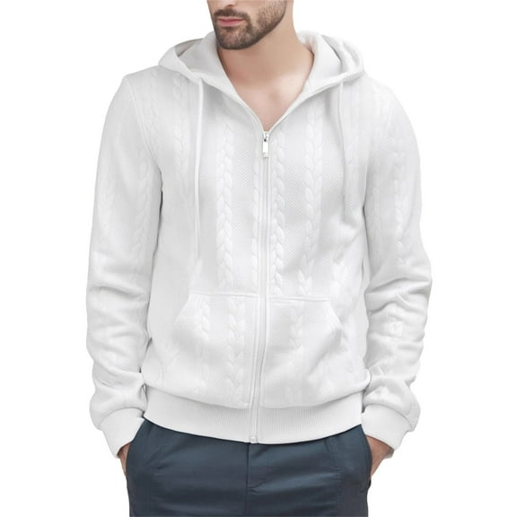 PMVFHDE Hoodies for Men Winter Plus Size Solid Color Full Zip Drawstring Textured Knit Casual Sports Warm Jacket White,L