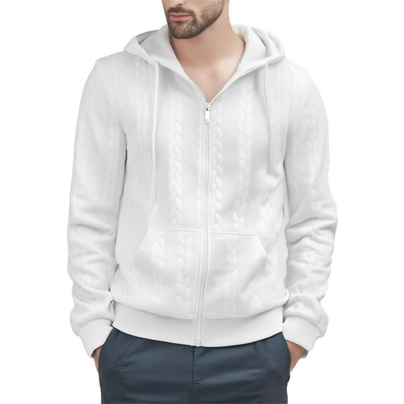 PMVFHDE Hoodies for Men Winter Plus Size Solid Color Full Zip Drawstring Textured Knit Casual Sports Warm Jacket White,XXXL