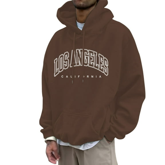 PMVFHDE Hoodies for Men Winter Solid Color City Letter Print Loose Plus Size Comfort Pullover Hooded Top Coffee,M