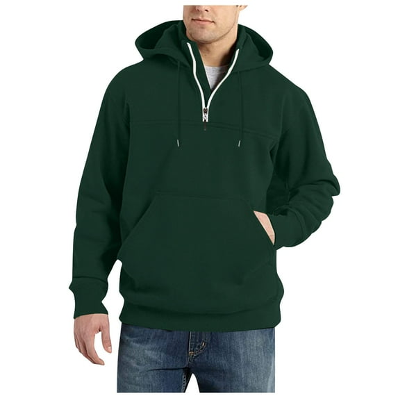 PMVFHDE Hoodies for Men Winter Solid Color Daily Casual Versatile Quarter Zip Pullover Hooded Sweatshirt Dark Green,XL