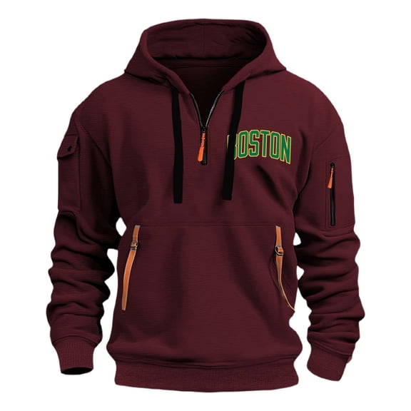 PMVFHDE Hoodies for Men Winter Solid Color Fashion with Pockets Quarter Zip Stand Collar Letter Print Hoodie Red,S