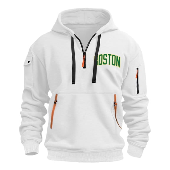 PMVFHDE Hoodies for Men Winter Solid Color Fashion with Pockets Quarter Zip Stand Collar Letter Print Hoodie White,S