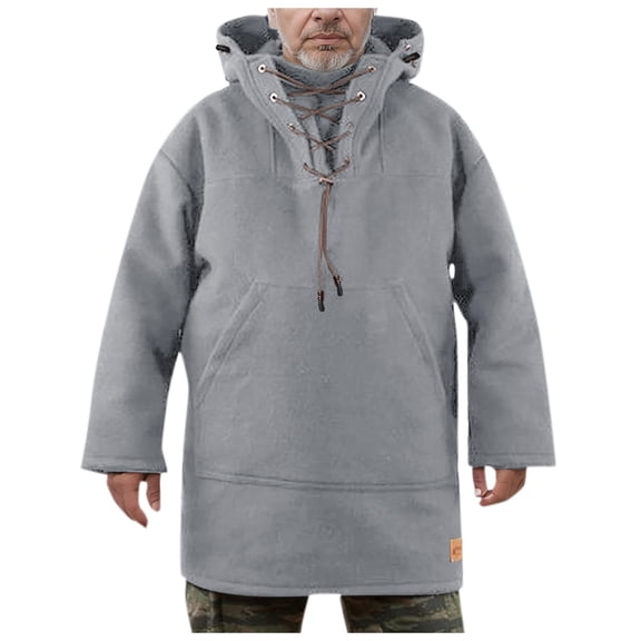 PMVFHDE Hoodies for Men Winter Solid Color Retro Drawstring Stand Collar Long Length Long Sleeve Pullover Top Grey,XXL