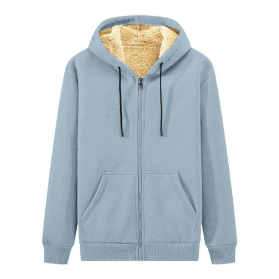 PMVFHDE Hoodies for Men Winter Solid Color Warm Lined Heavyweight Loose Student Style Pullover Hooded Jacket Light Blue,L