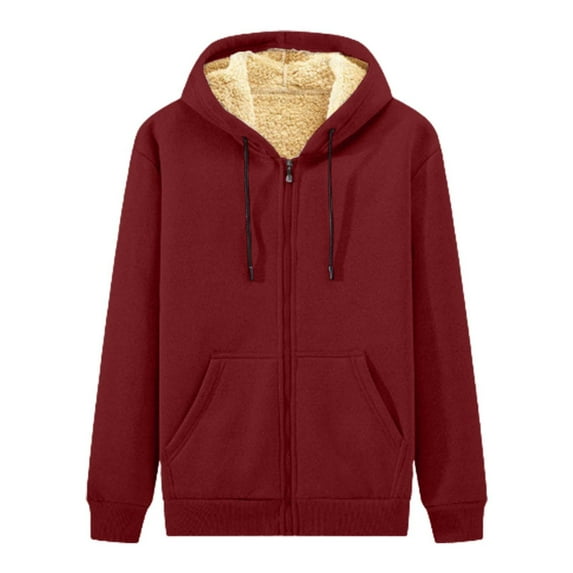 PMVFHDE Hoodies for Men Winter Solid Color Warm Lined Heavyweight Loose Student Style Pullover Hooded Jacket Wine,M