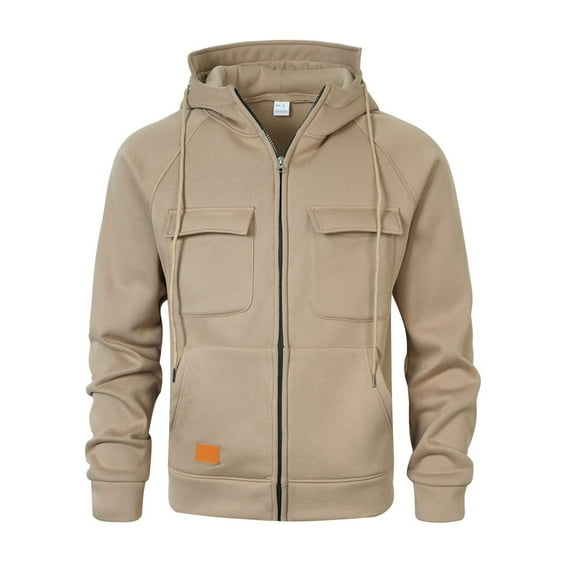 PMVFHDE Hoodies for Men Winter with Pockets Solid Color Casual Drawstring Full Zip Hooded Sweatshirt Jacket Khaki,XL