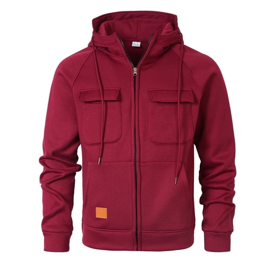 PMVFHDE Hoodies for Men Winter with Pockets Solid Color Casual Drawstring Full Zip Hooded Sweatshirt Jacket Red,M