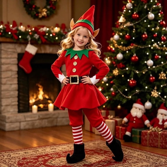 PMVFHDE Kids Girls' Christmas Elf Costume Set Holiday Costume Set with Matching Accessories for Holiday Party Role Play Cosplay