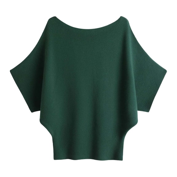 PMVFHDE Knitted Off The Shoulder Batwing Sweater Short Sleeve Pullover Loose Ribbed Top Solid Color Fashion Casual Comfortable Women Tops Dark Green,One Size