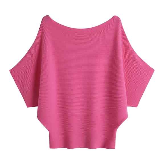 PMVFHDE Knitted Off The Shoulder Batwing Sweater Short Sleeve Pullover Loose Ribbed Top Solid Color Fashion Casual Comfortable Women Tops Hot Pink,One Size