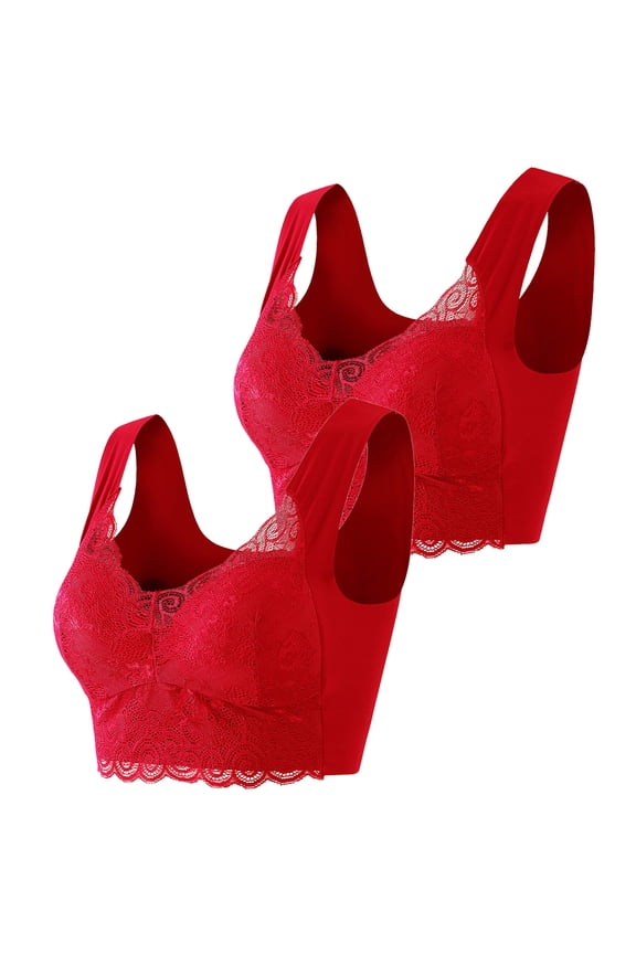 Lace Bralette Women Plus Size Wirefree Push Up Crop Top Comfort Soft Support Underwear 2PC Set Red