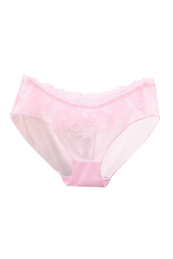 Lace Low Waist Seamless Mesh Triangle Breathable Cotton Gusset Panties For Women Sheer Pink,M