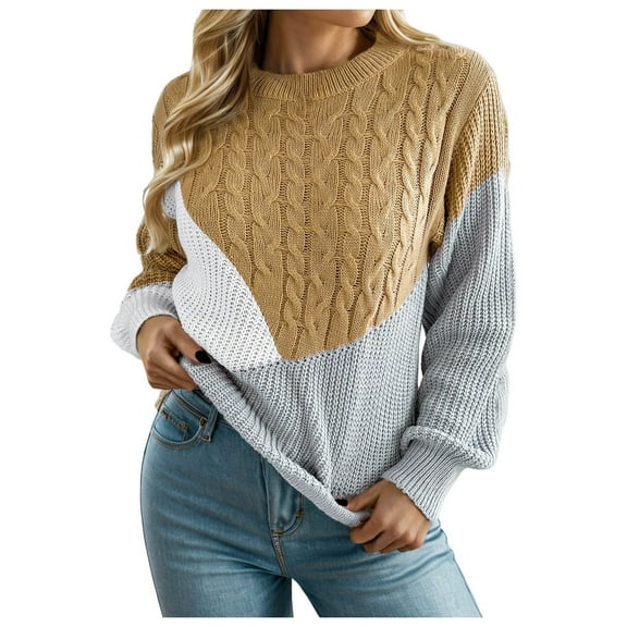PMVFHDE Ladies' Casual Needle Contrast Knitted Long Sleeve Pullover Sweater Fashion Flat Knit Twisted Yarn Pattern Autumn Winter Knit Sweater Khaki,M