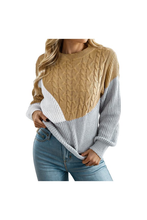 Ladies' Casual Needle Contrast Knitted Long Sleeve Pullover Sweater Fashion Flat Knit Twisted Yarn Pattern Autumn Winter Knit Sweater Khaki,M
